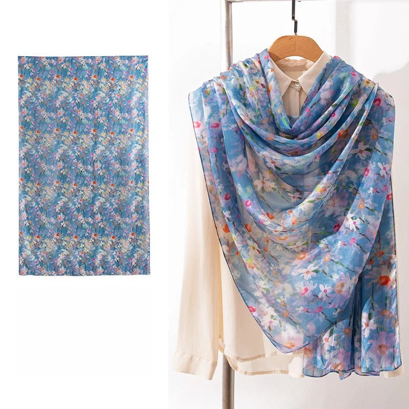 Long 100% Mulberry Silk Scarf – Bohemian Floral Lightweight Shawl, 43 x 69 in
