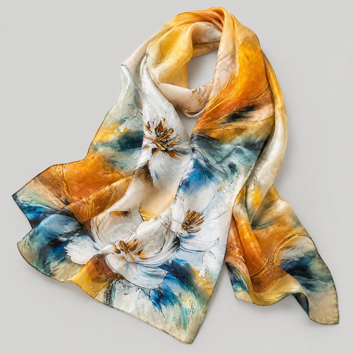 Orange Ink Camellia Mulberry Silk Long Scarf – 22 x 67 in