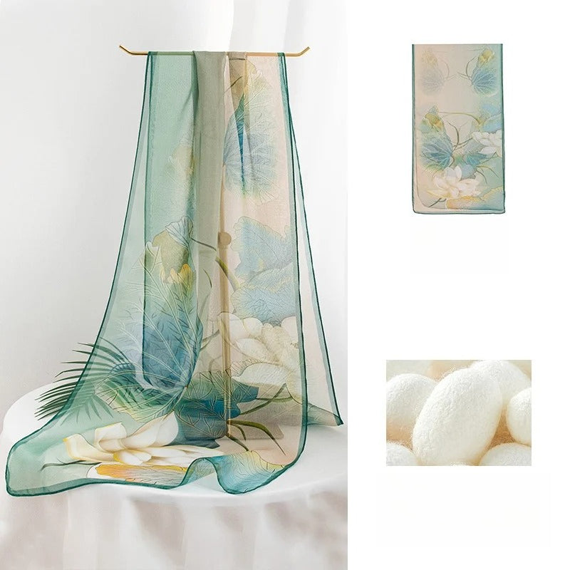 Long 100% Mulberry Silk Scarf – Botanical Print Lightweight Shawl, 16 x 63 in