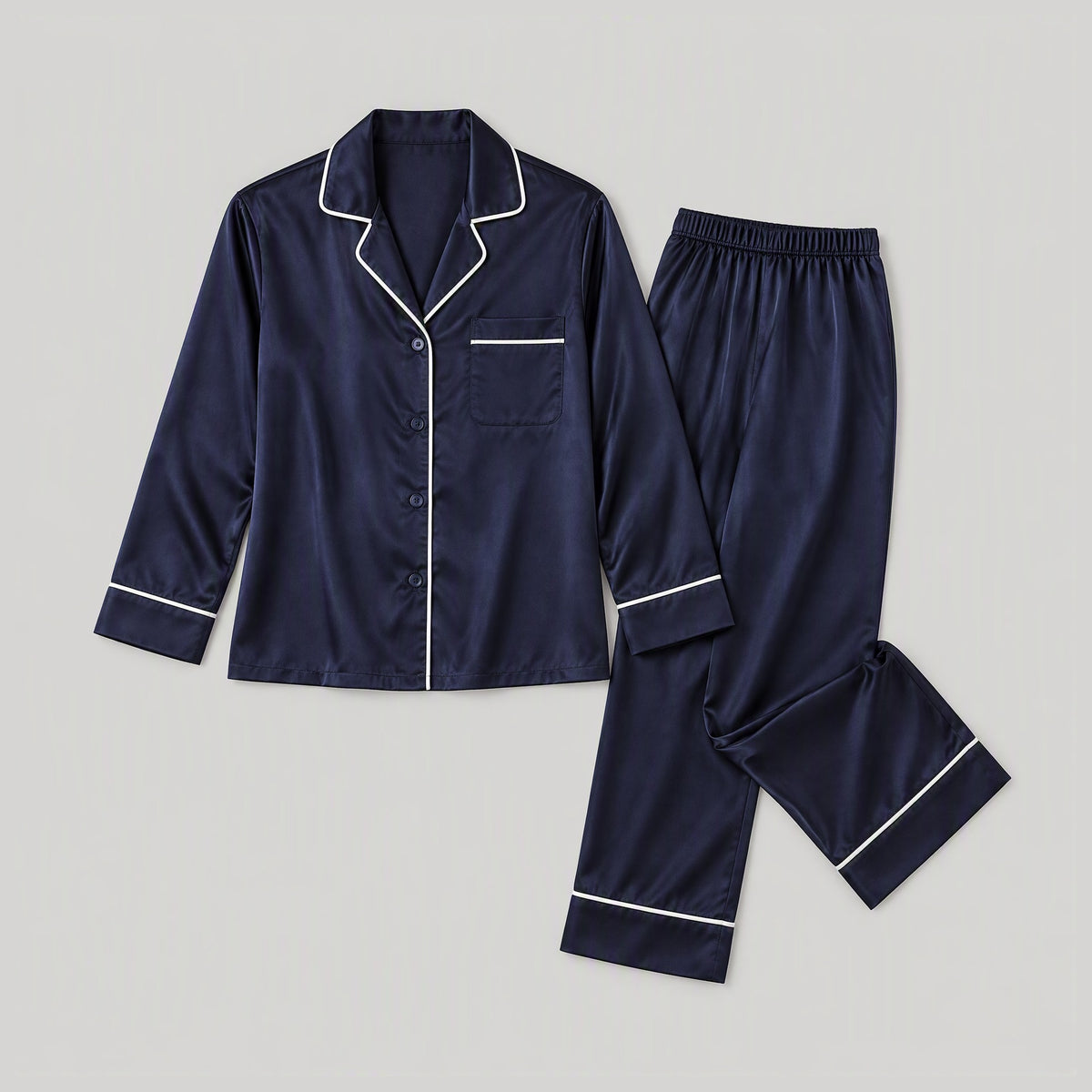 16 Momme Long Sleeve 100% Mulberry Silk Pajama Set – Button-Up with Contrast Piping