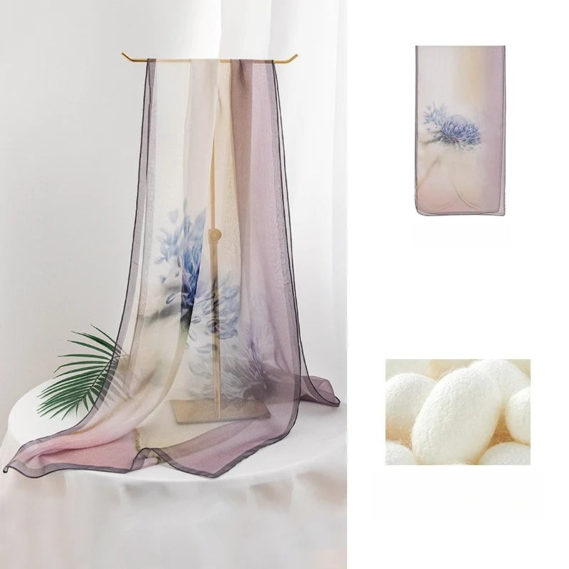 Long 100% Mulberry Silk Scarf – Botanical Print Lightweight Shawl, 16 x 63 in
