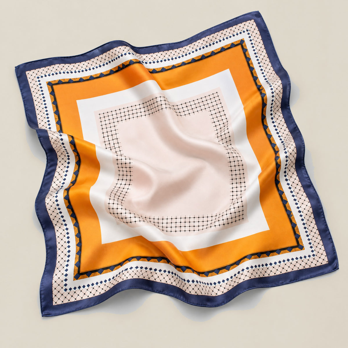 Orange blue checkerboard mulberry silk square scarf detail showing silk texture and print
