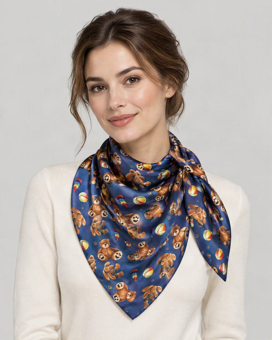 Cute Bear Mulberry Silk Square Scarf – 43 x 43 in, worn tied at the neck over a cream top