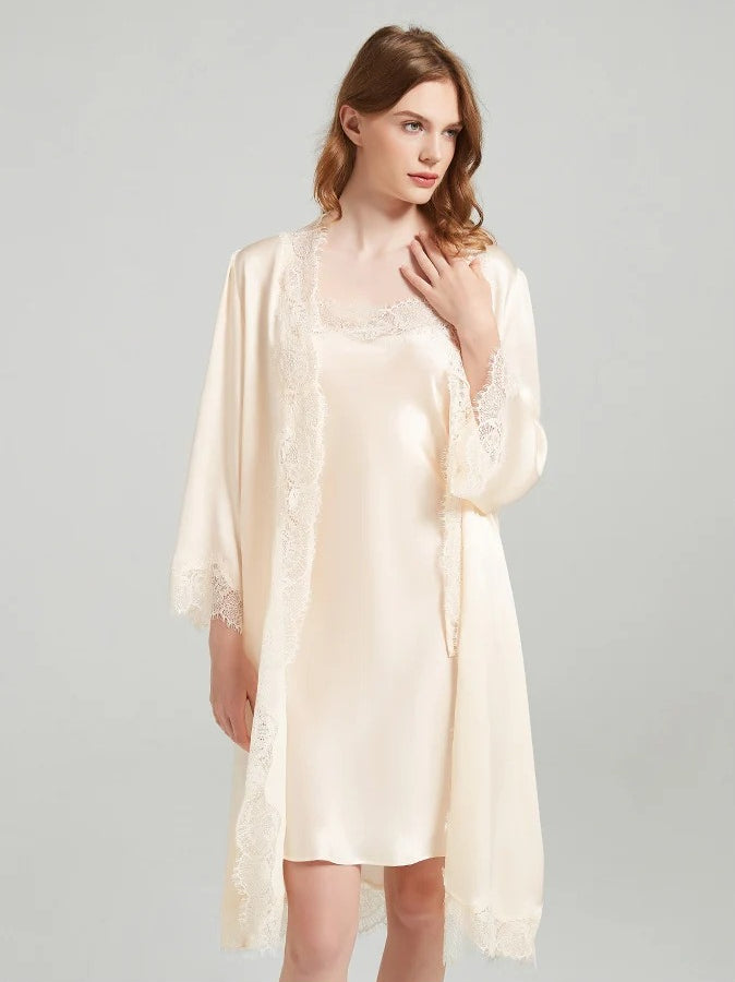 Lace-Trim 100% Mulberry Silk Robe & Camisole Set – Women's Sleepwear Loungewear