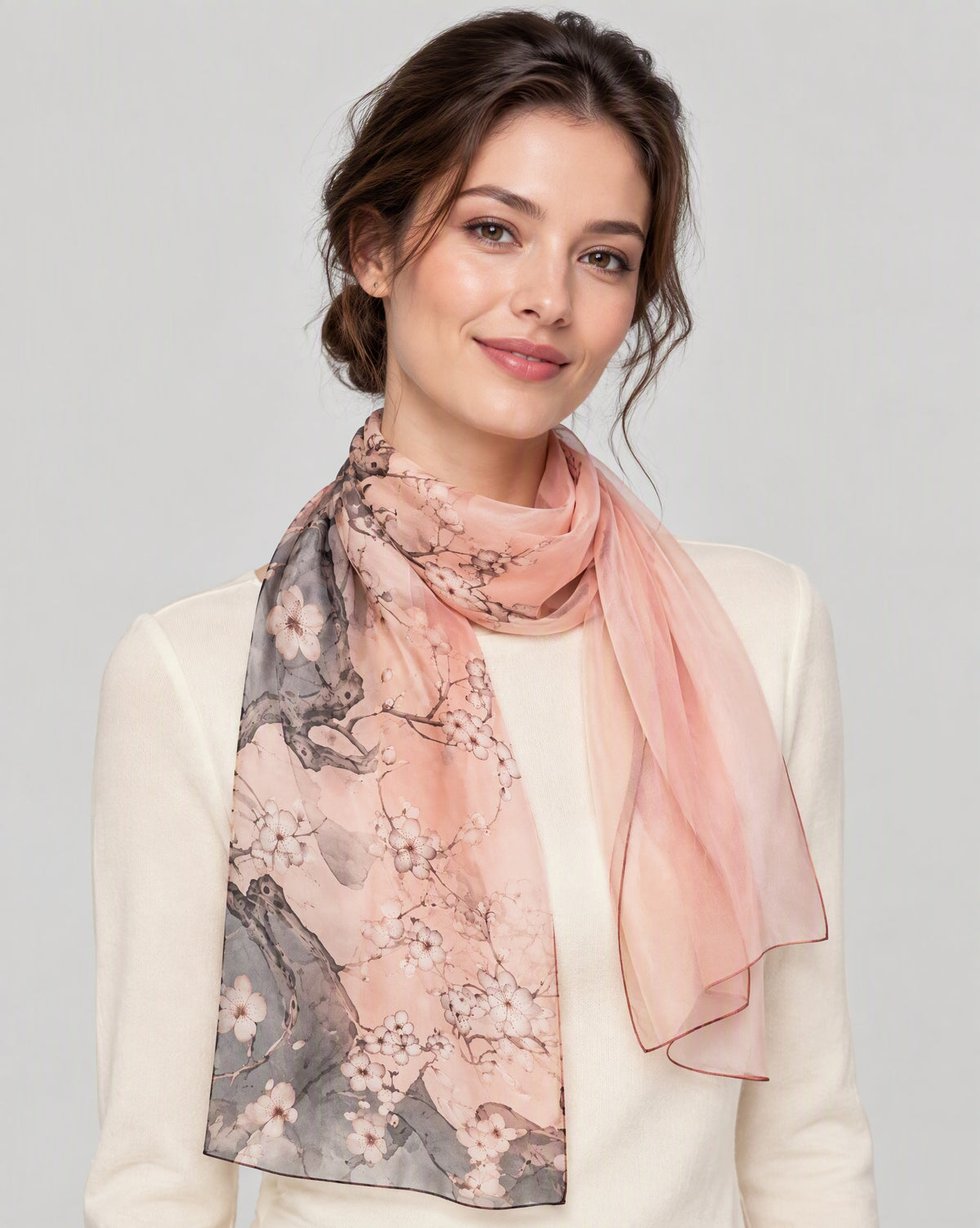 Pink Peach Blossom Branch Mulberry Silk Long Scarf – 16.5 x 63 in