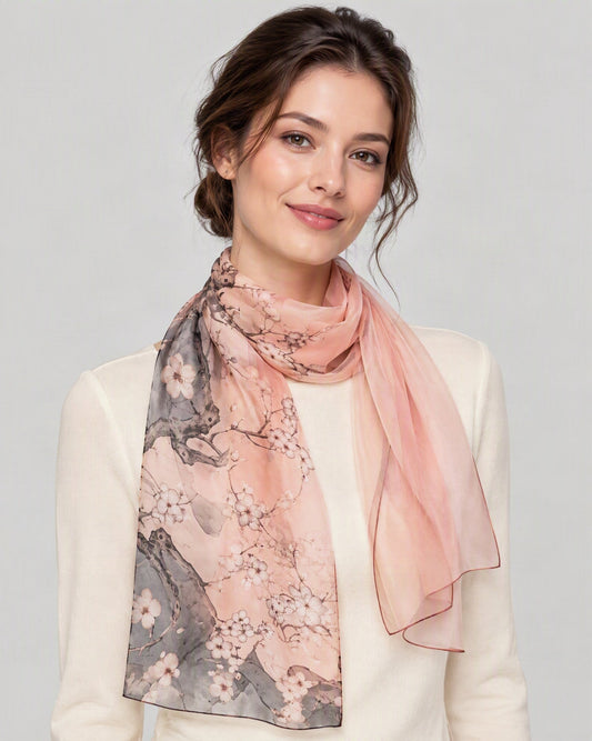 Pink Peach Blossom Branch Mulberry Silk Long Scarf – 16.5 x 63 in, worn tied at the neck over a cream top