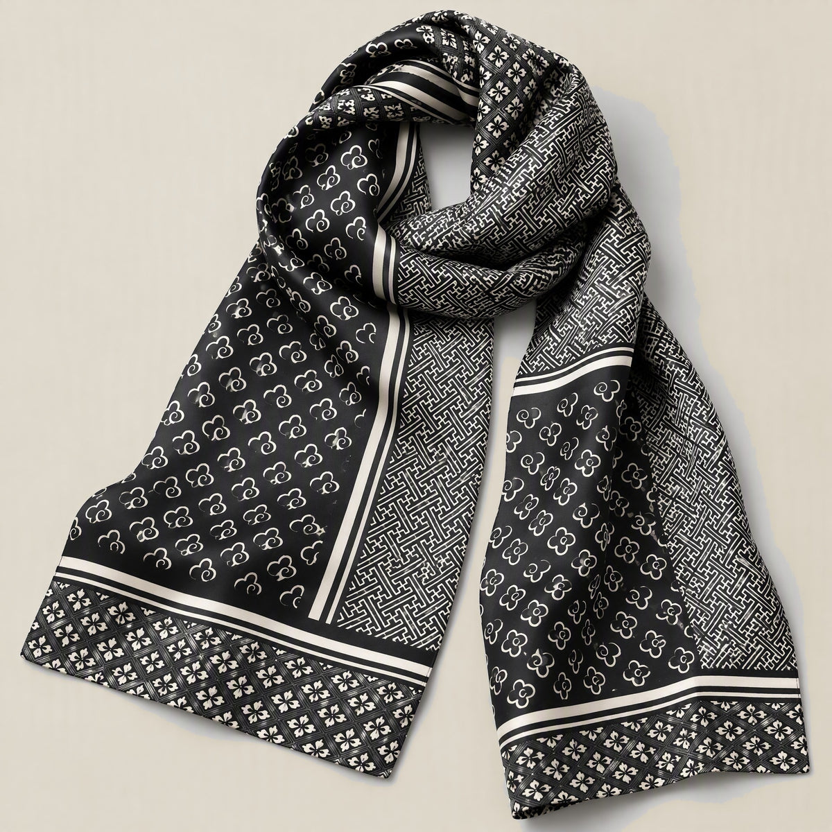 Ink Gold Elegance slim mulberry silk scarf detail showing silk texture and print