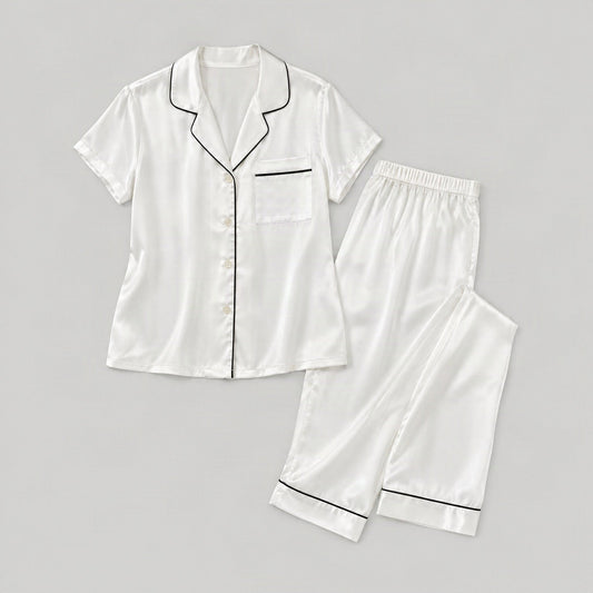 Mulberry silk pajama set laid flat, full garment view