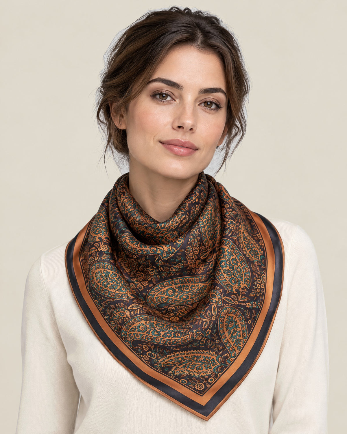 Woman wearing Black Coffee Leaf mulberry silk square scarf