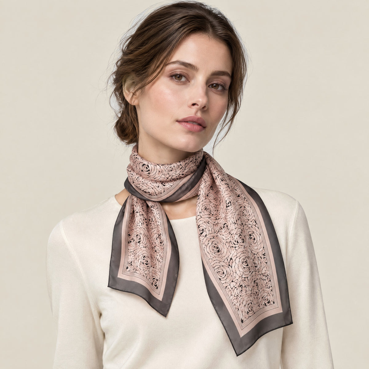 Woman wearing Nude Pink Rose mulberry silk long scarf