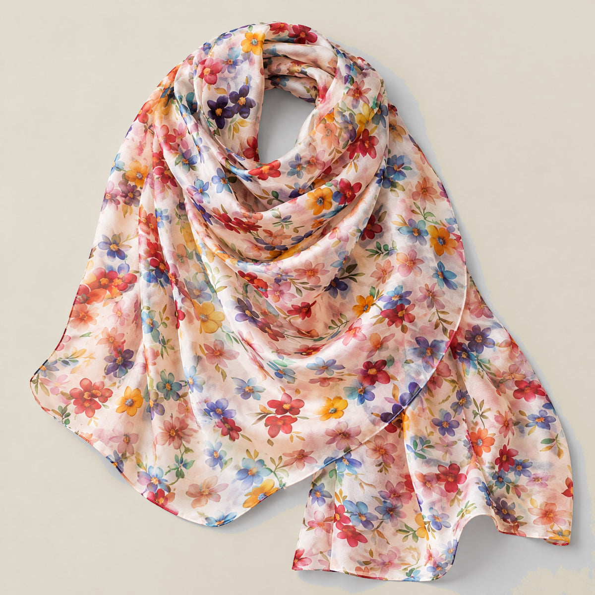 Colorful small florals mulberry silk scarf detail showing silk texture and print