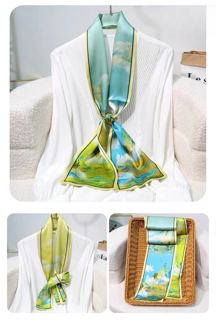 Slim 100% Mulberry Silk Scarf – Printed Lightweight Shawl, 6 x 59 in