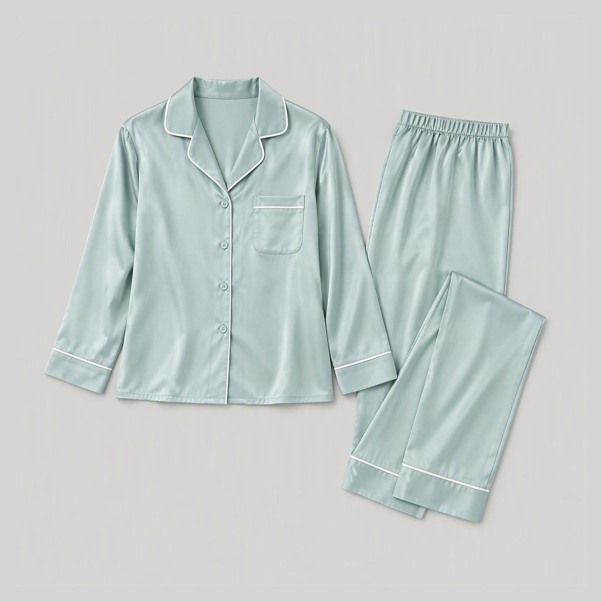 19 Momme Long Sleeve 100% Mulberry Silk Pajama Set – Button-Up with Contrast Piping