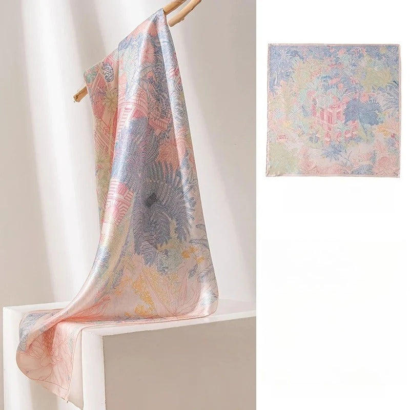 Square & Long 100% Mulberry Silk Scarf – Floral Print Lightweight Shawl, 34 x 34 in