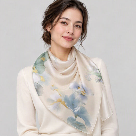 Iris Fragrance Mulberry Silk Long Scarf – 22 x 68 in, worn tied at the neck over a cream top