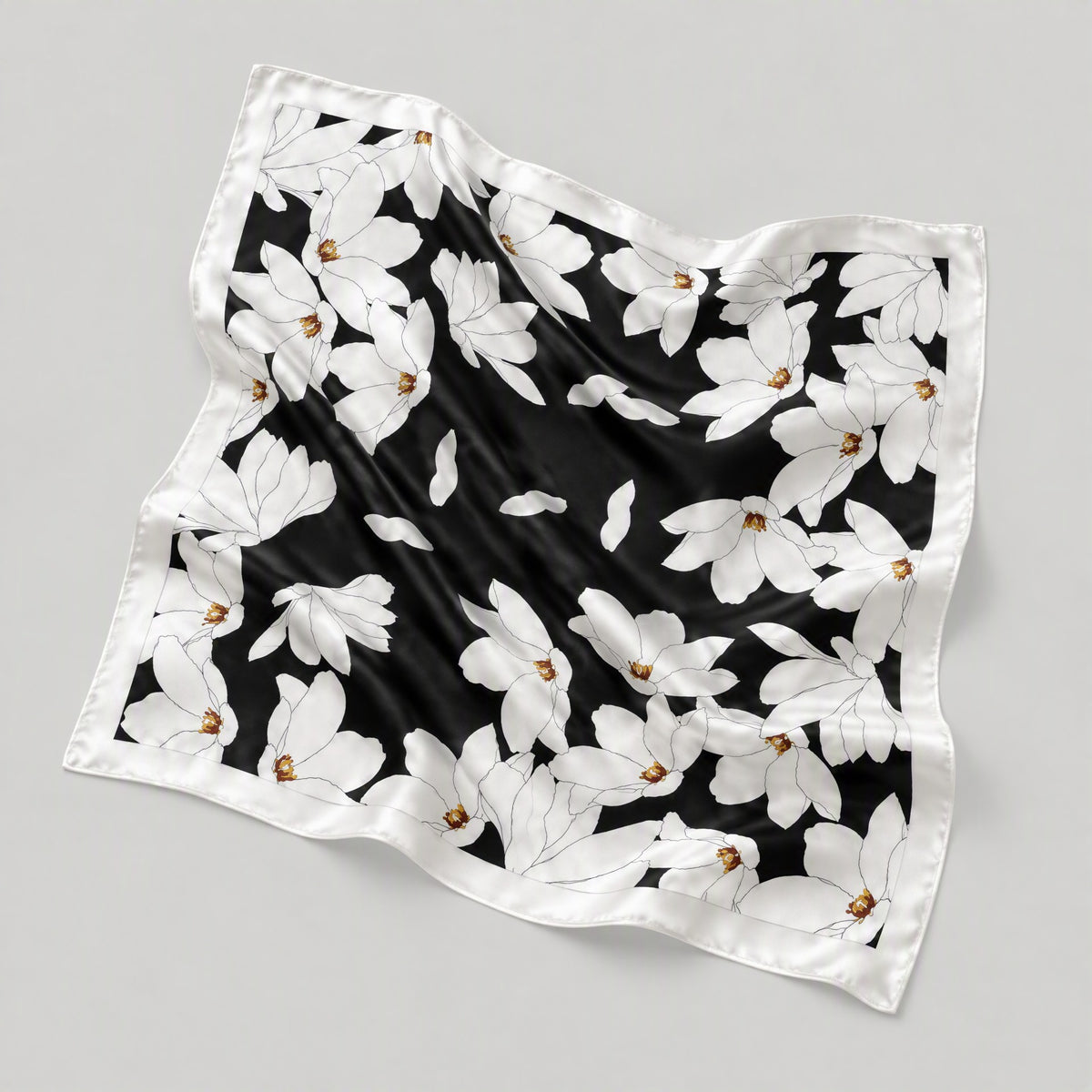 Black White Falling Petals Mulberry Silk Square Scarf – 21 x 21 in