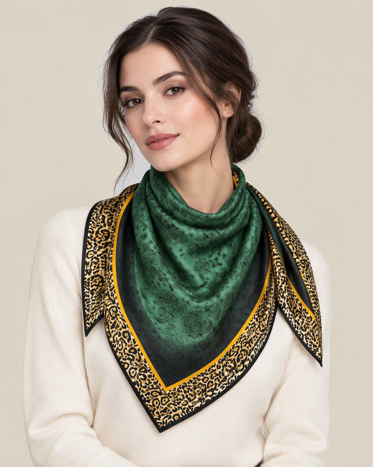 Woman wearing Green Frame Leopard mulberry silk square scarf