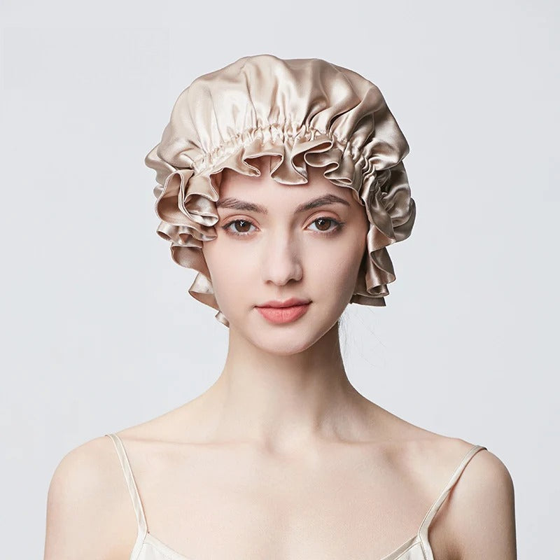 Champagne 19 momme mulberry silk ruffle edge sleep cap