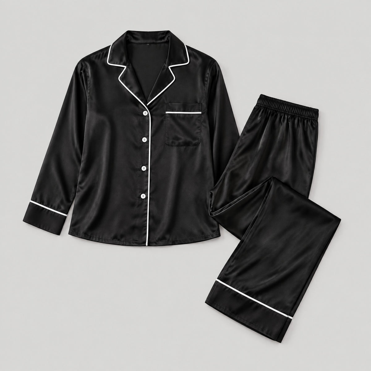 Mulberry silk pajama set laid flat, full garment view