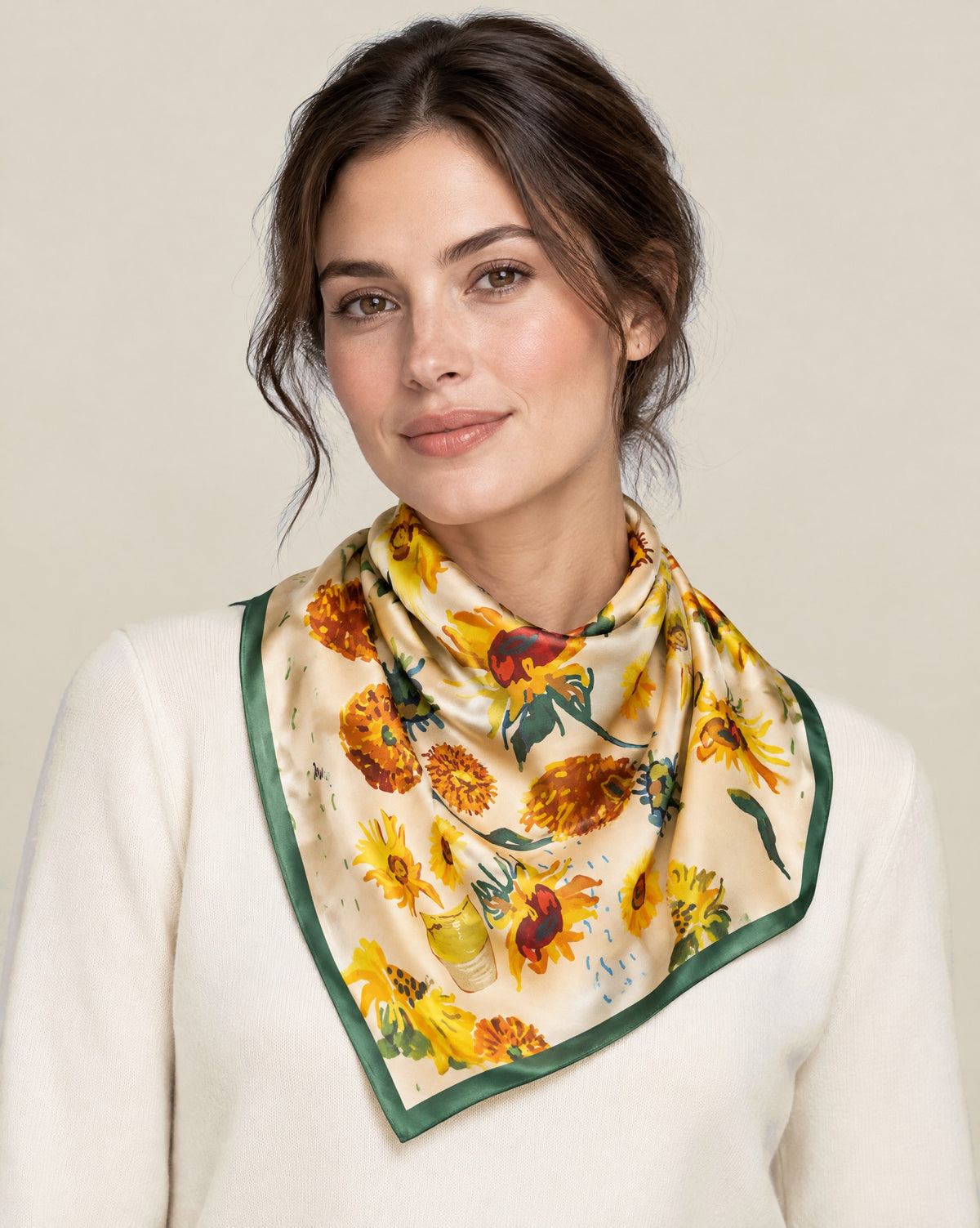 Woman wearing Graffiti Sunflower mulberry silk square scarf