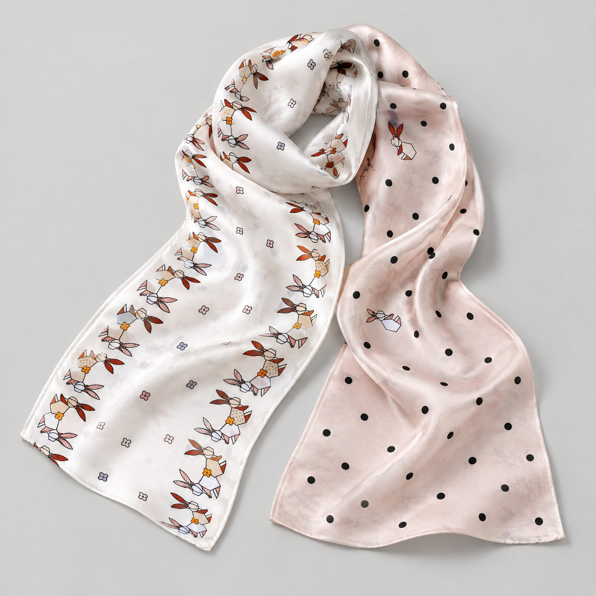 Bunny Garden Slim Mulberry Silk Scarf – 6 x 59 in