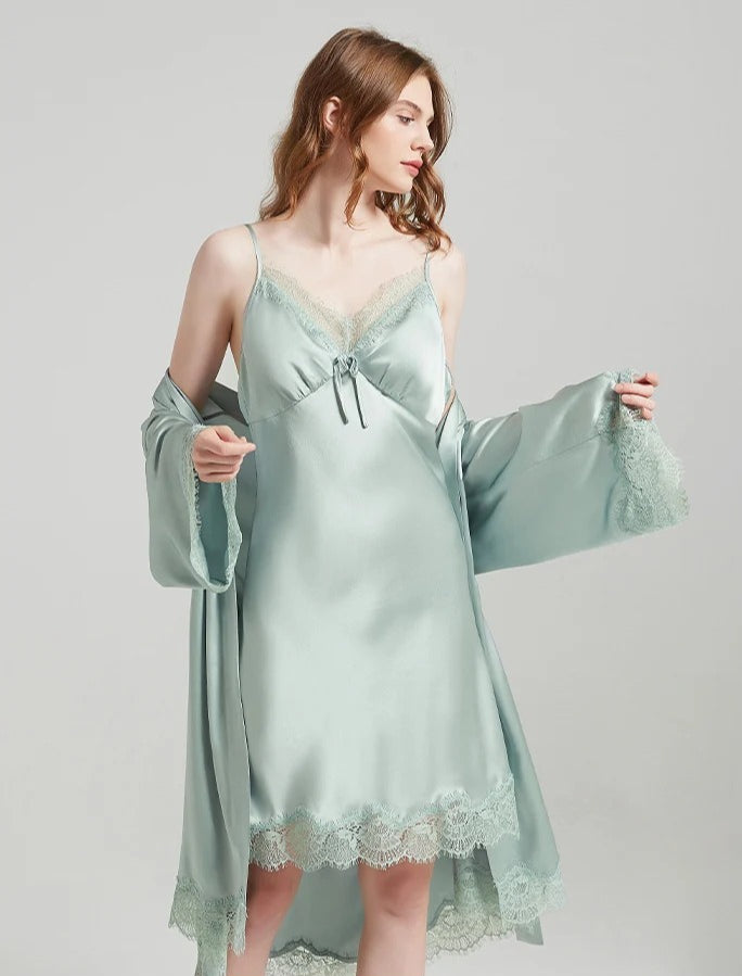 19 Momme Lace-Trim 100% Mulberry Silk Robe & Camisole Set – Women's Sleepwear Loungewear