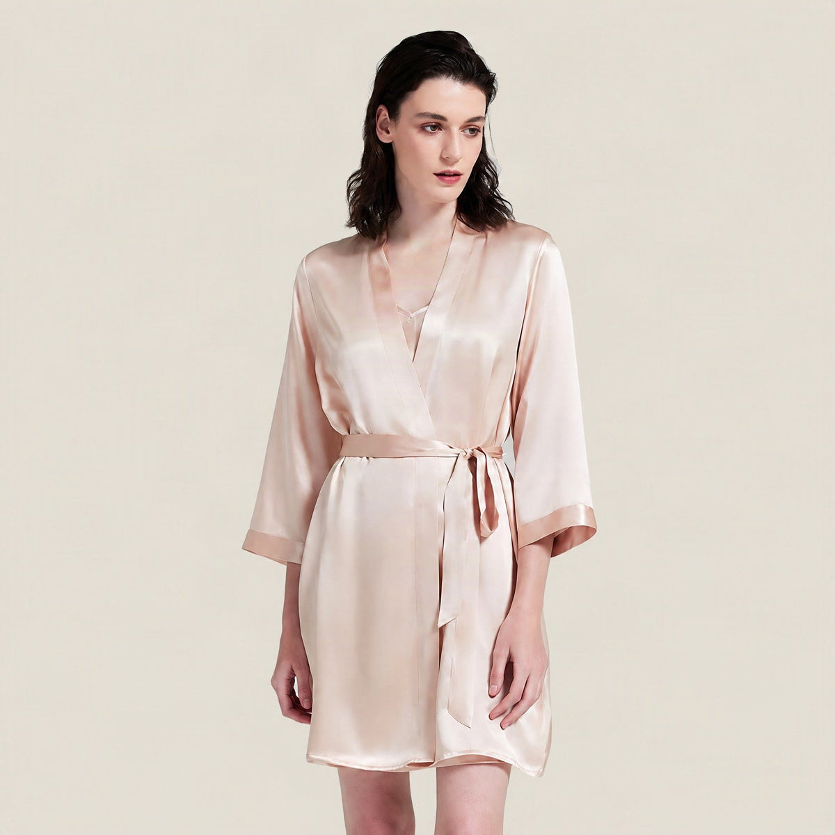 Blush 19 momme mulberry silk short robe with a tie belt worn over a matching camisole