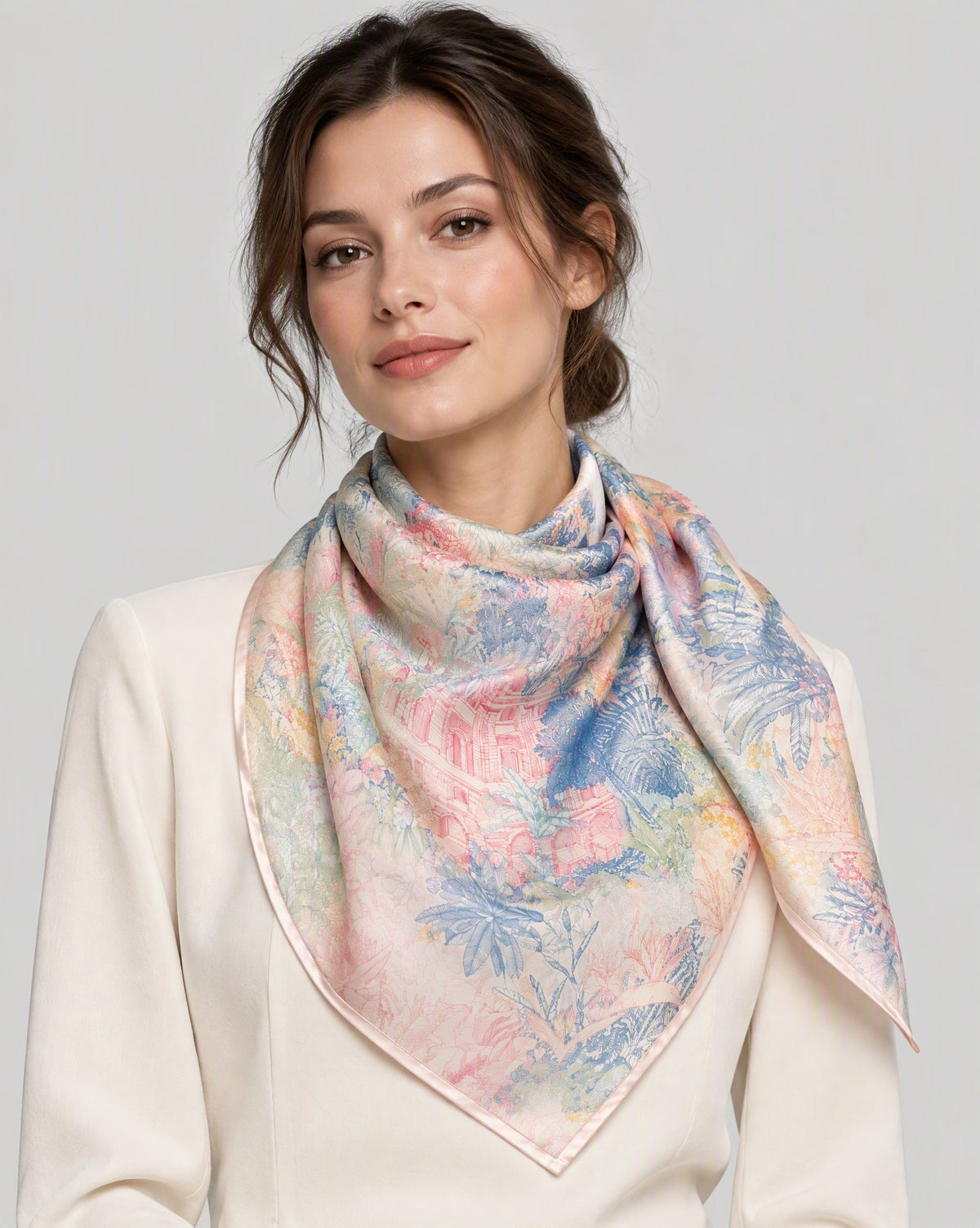 Peach Blossom Tropics Mulberry Silk Square Scarf – 34 x 34 in