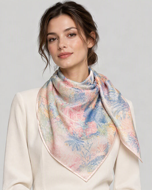 Peach Blossom Tropics Mulberry Silk Square Scarf – 34 x 34 in, worn tied at the neck over a cream top