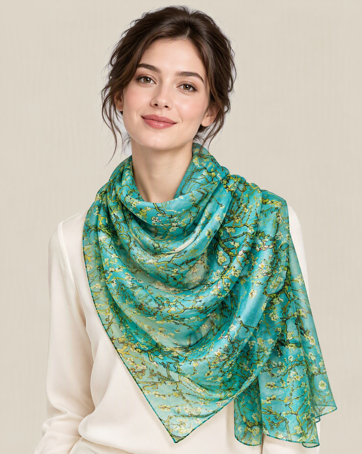 Woman wearing Blue Green Plum Branch mulberry silk scarf