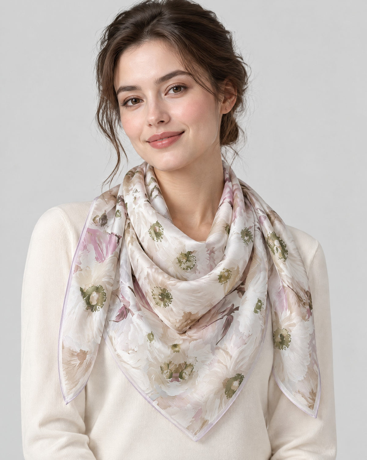 Soft Floral Shadow Mulberry Silk Square Scarf – 27 in