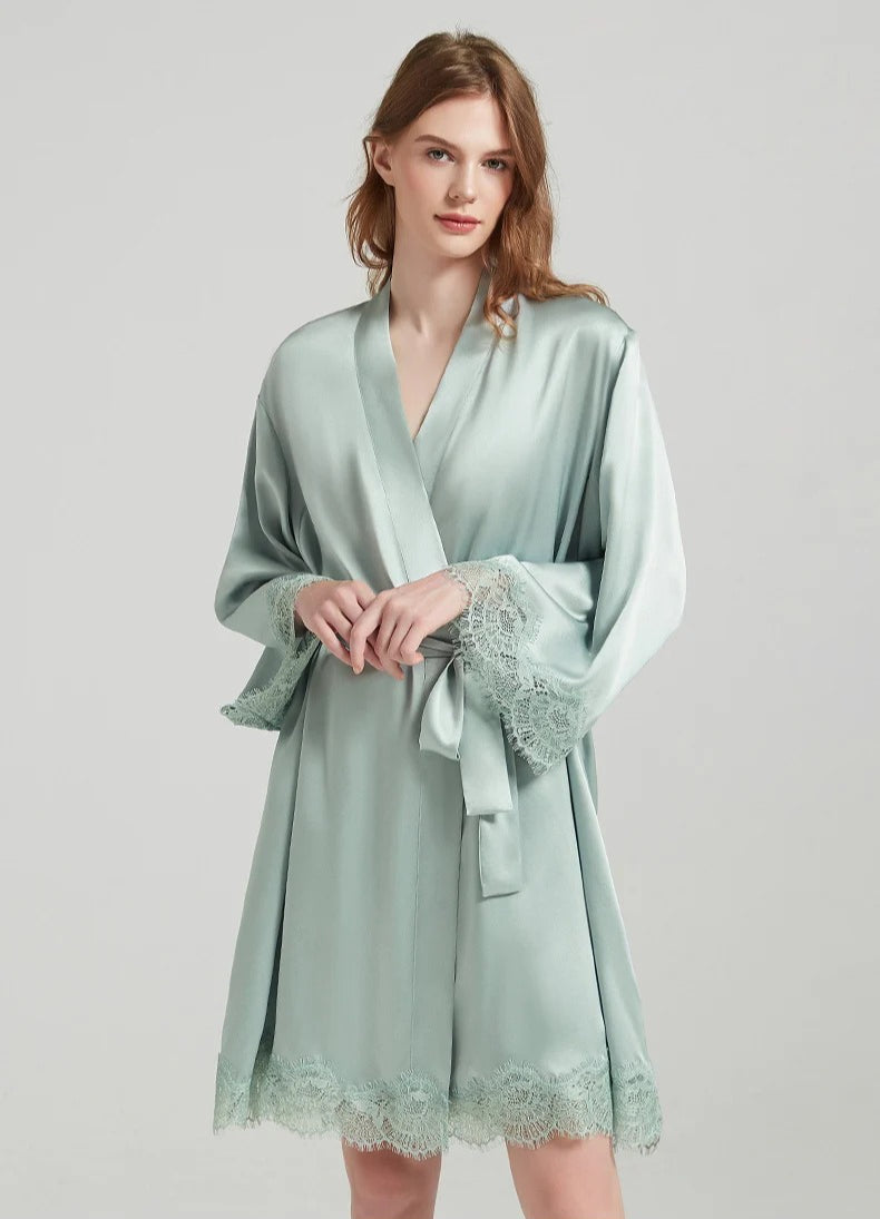 19 Momme Lace-Trim 100% Mulberry Silk Robe & Camisole Set – Women's Sleepwear Loungewear