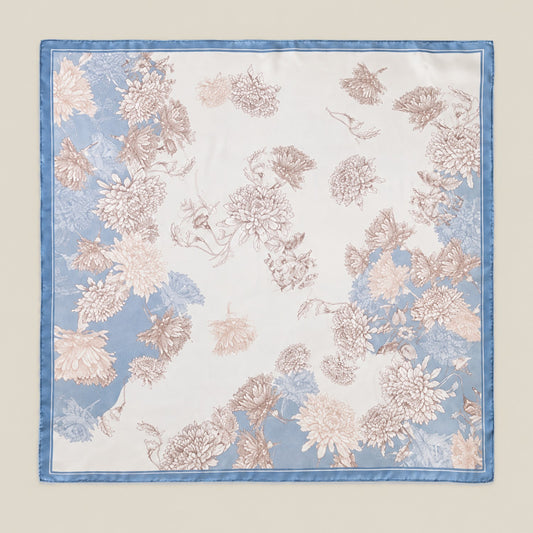 Blue Elegant Peony mulberry silk square scarf