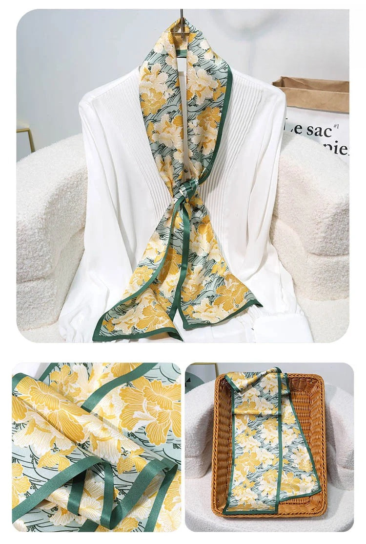 Slim 100% Mulberry Silk Scarf – Printed Lightweight Shawl, 6 x 59 in