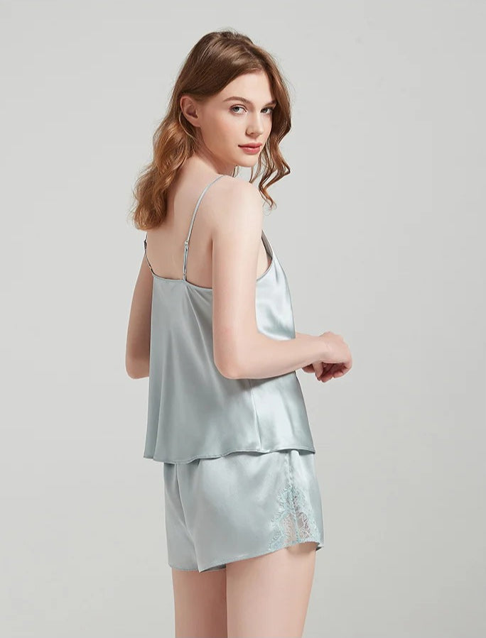 19 Momme Sleeveless 100% Mulberry Silk Pajama Set – V-Neck Lace-Trim Cami & Shorts