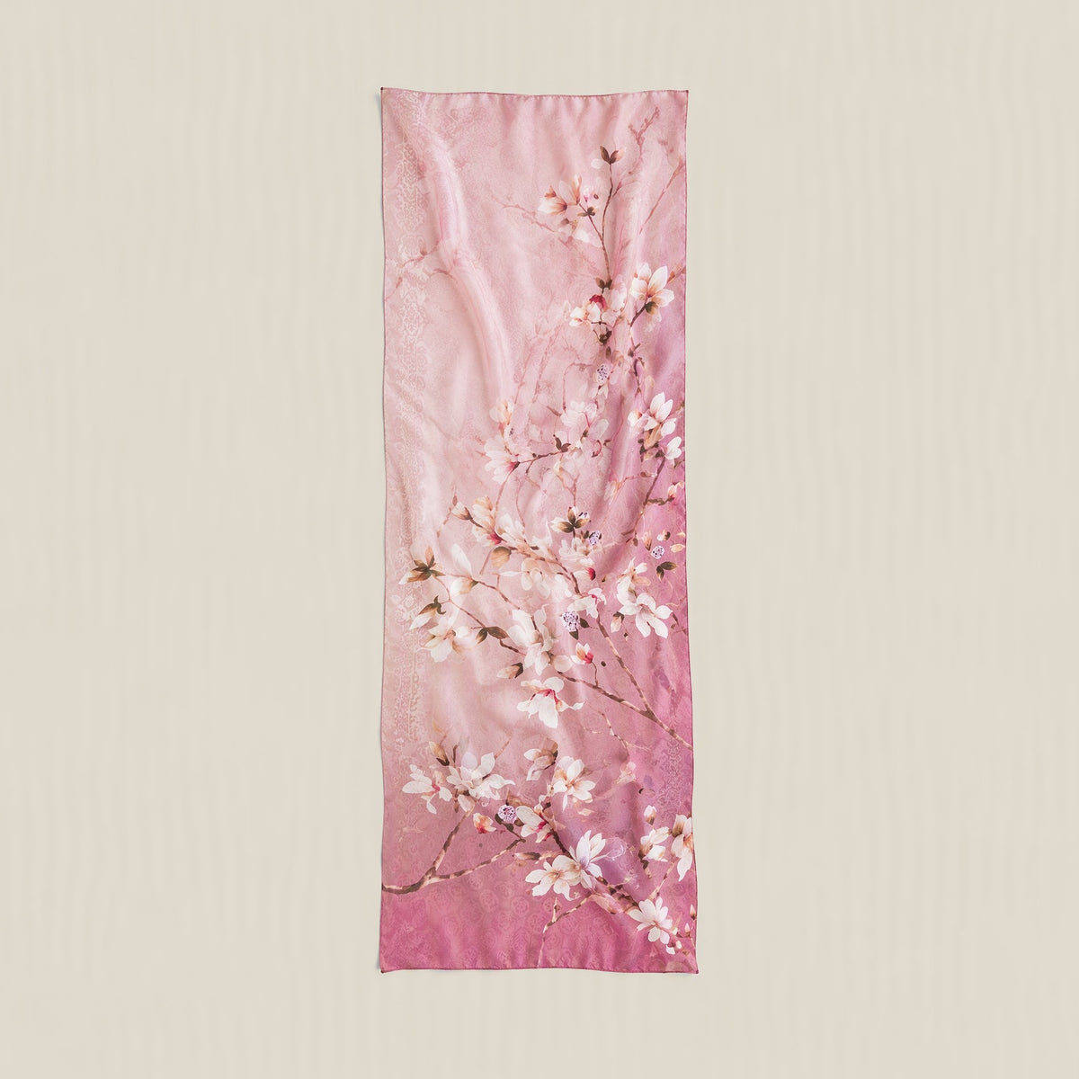 Plum blossom branch mulberry silk scarf, 22 x 67 in