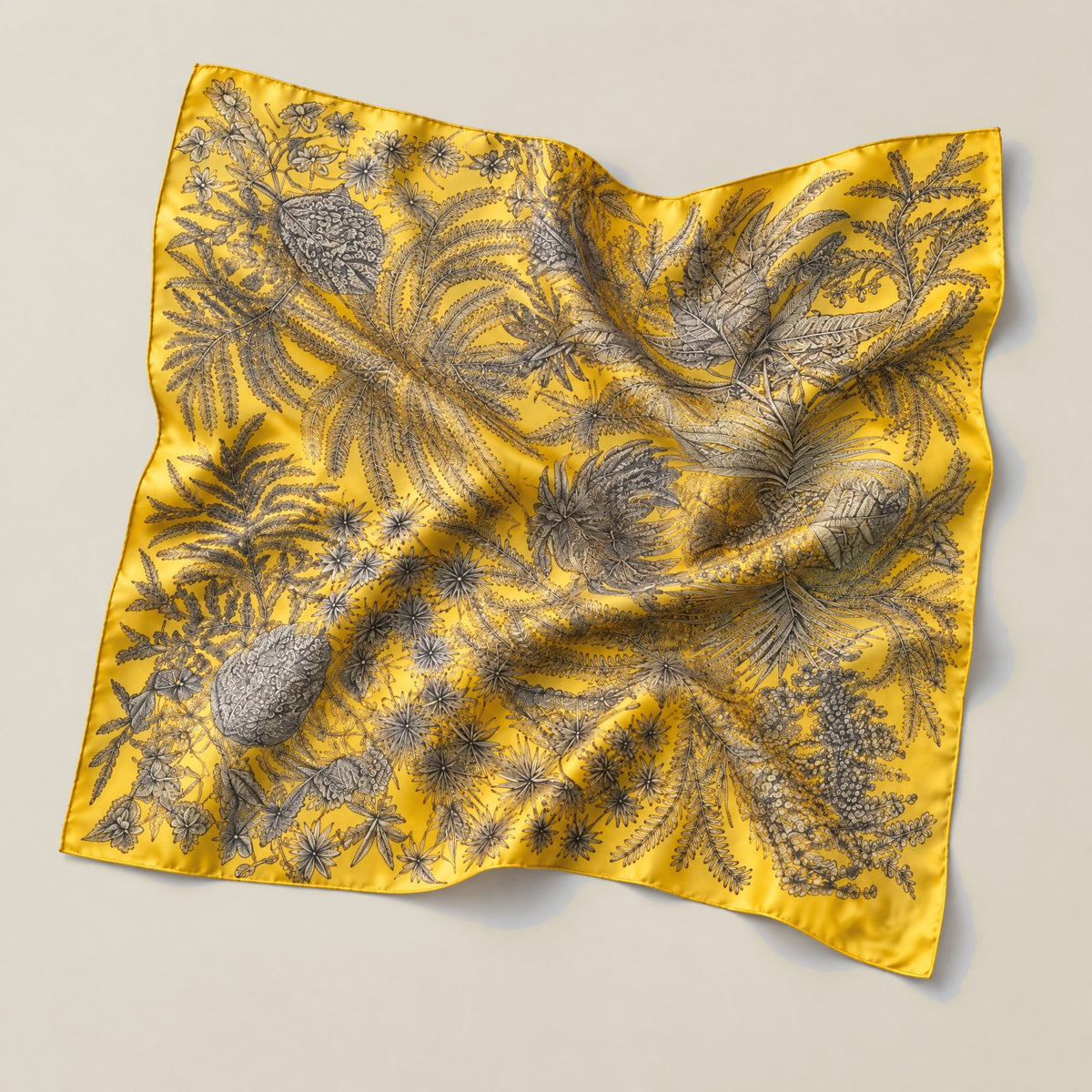 Yellow solid mulberry silk square scarf detail showing silk texture and print