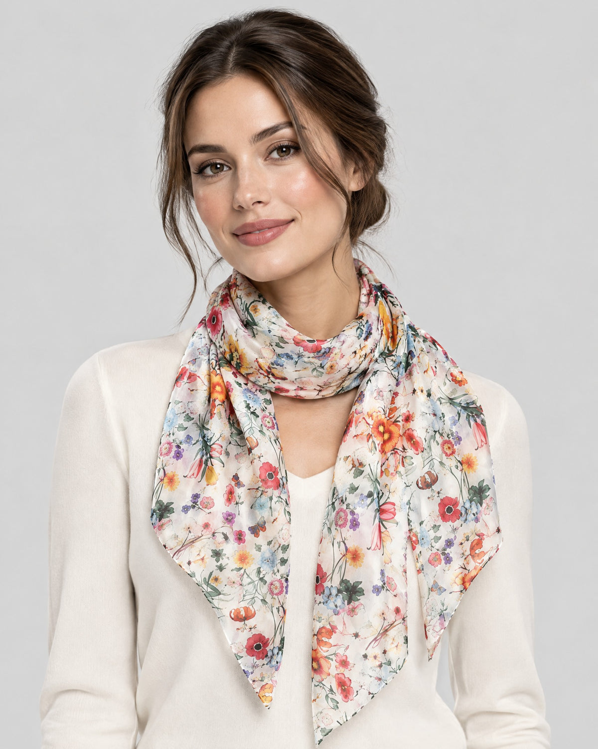 White Colorful Floral Mulberry Silk Scarf – 69 x 43 in