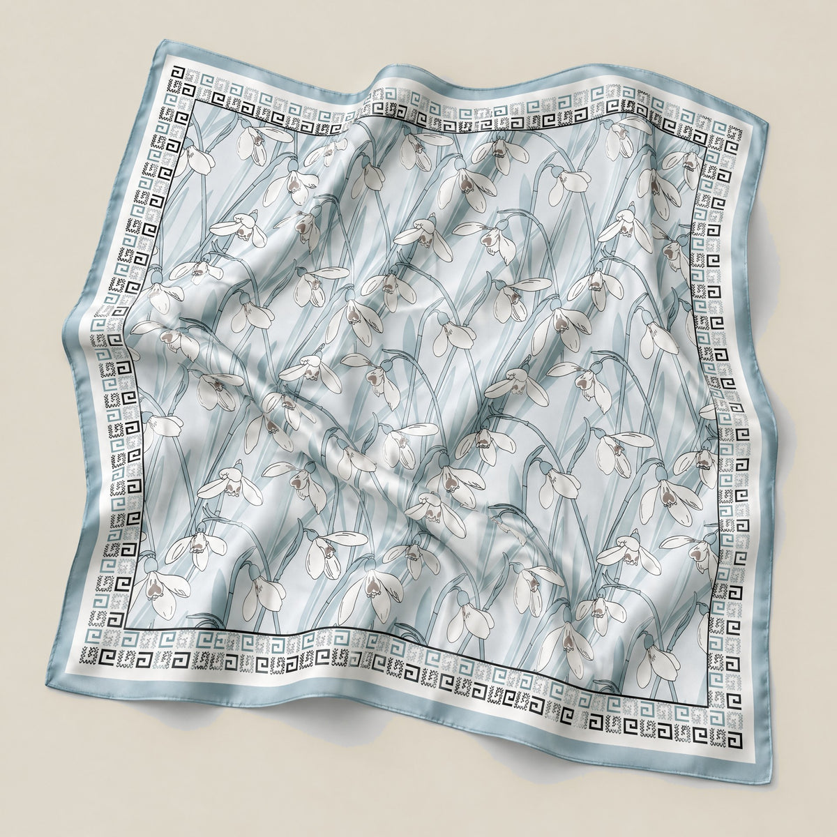 Gray Blue mulberry silk square scarf, 26 x 26 in detail showing silk texture and print