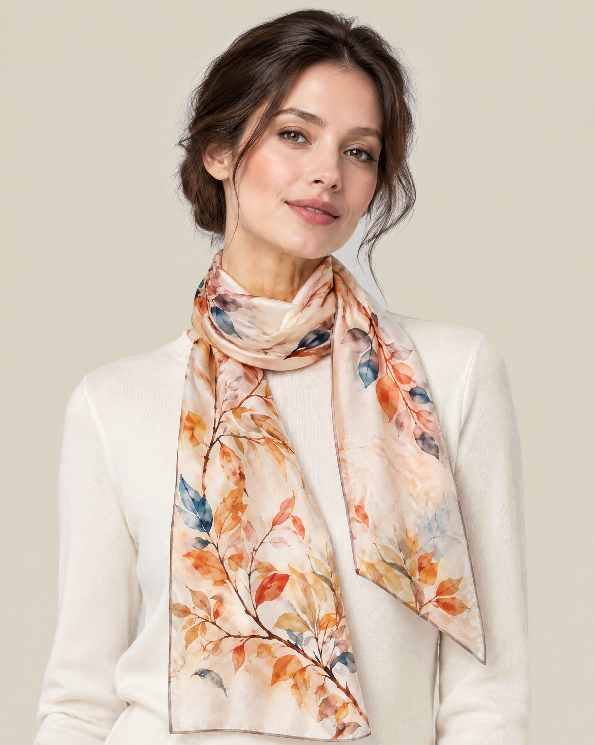Woman wearing Falling leaves and flowers mulberry silk scarf