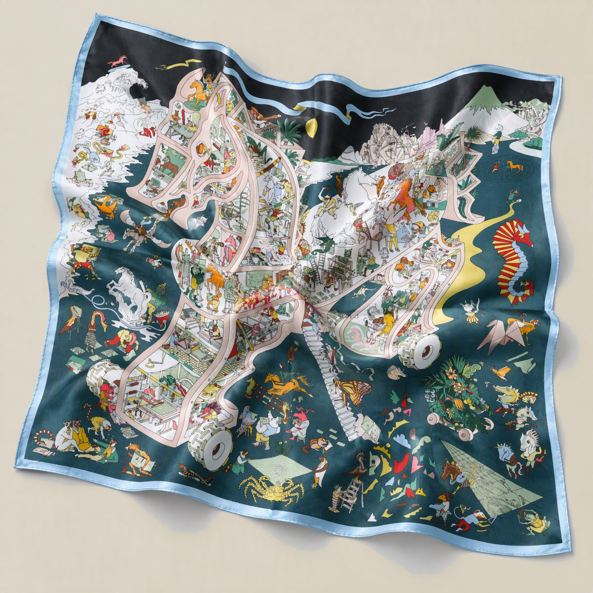 Magical Horse Garden mulberry silk square scarf detail showing silk texture and print