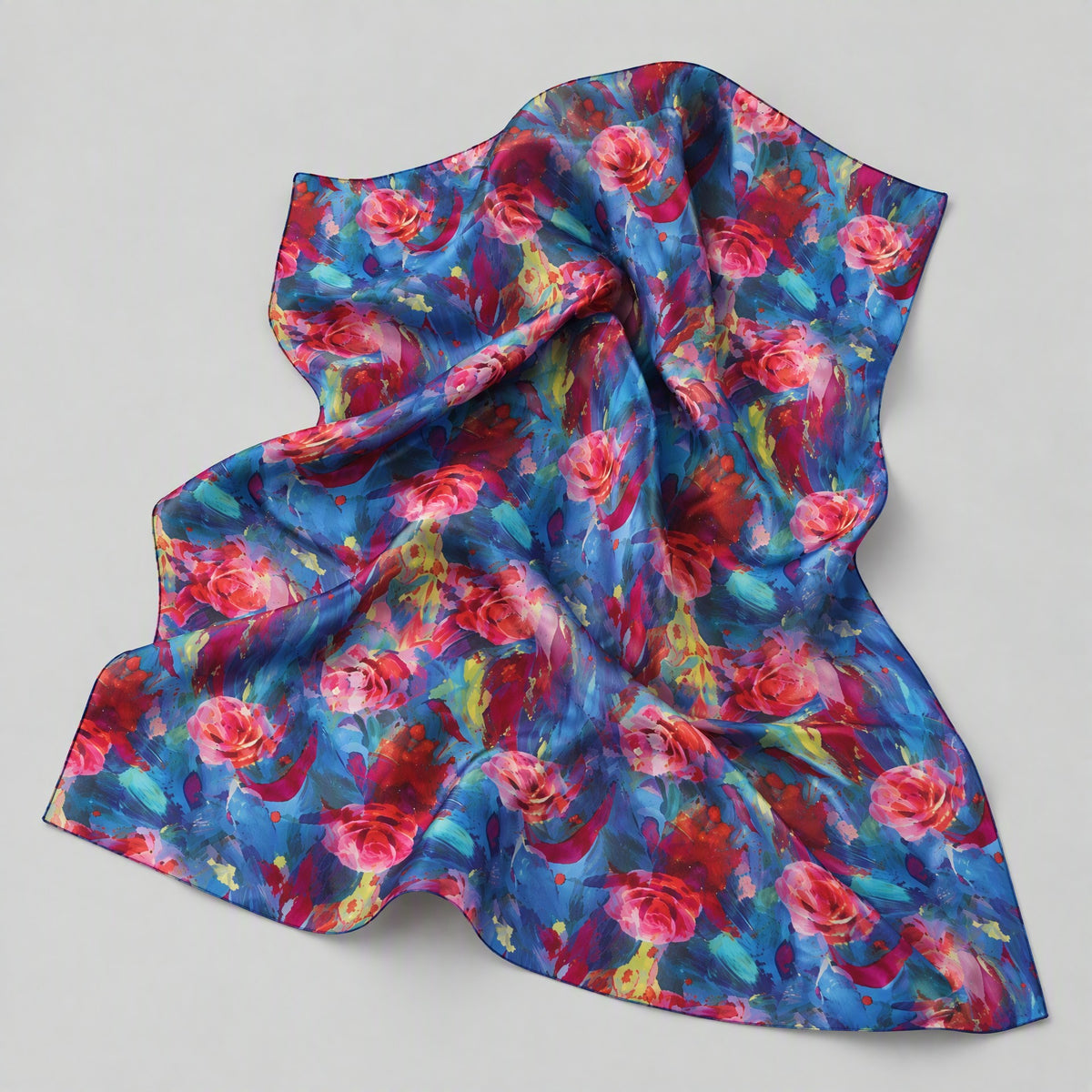 Deep Blue Oil Painting Rose Mulberry Silk Scarf – 69 x 43 in