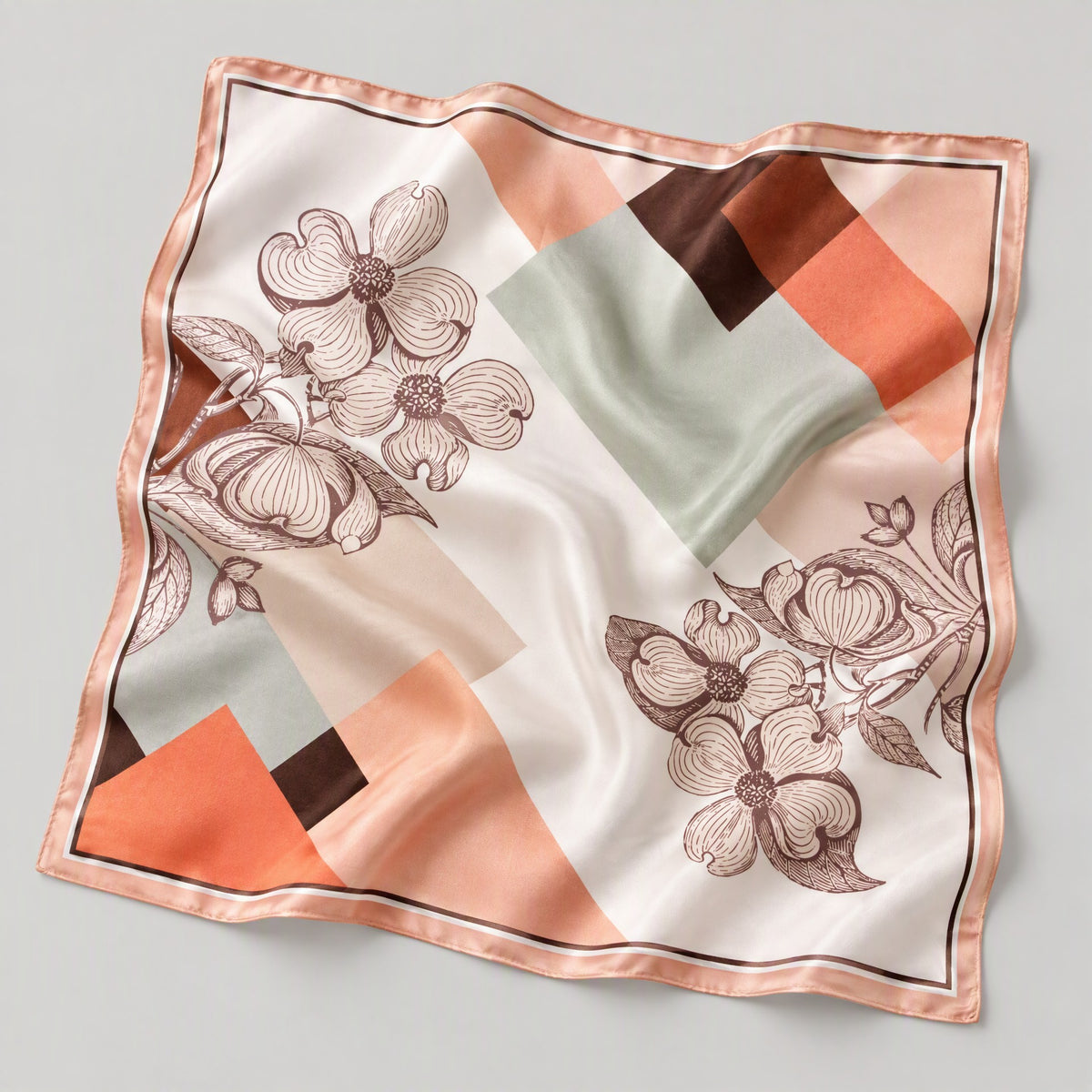 Orange Pink Patchwork Flower Mulberry Silk Square Scarf – 26 x 26 in