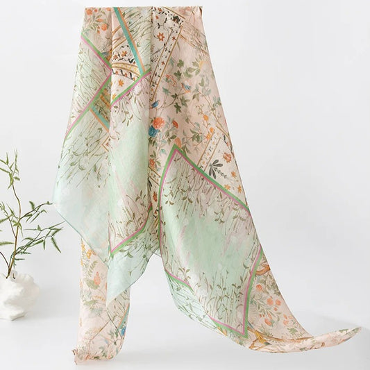 Long 100% Mulberry Silk Scarf – Floral Print Lightweight Shawl, 69 x 43 in