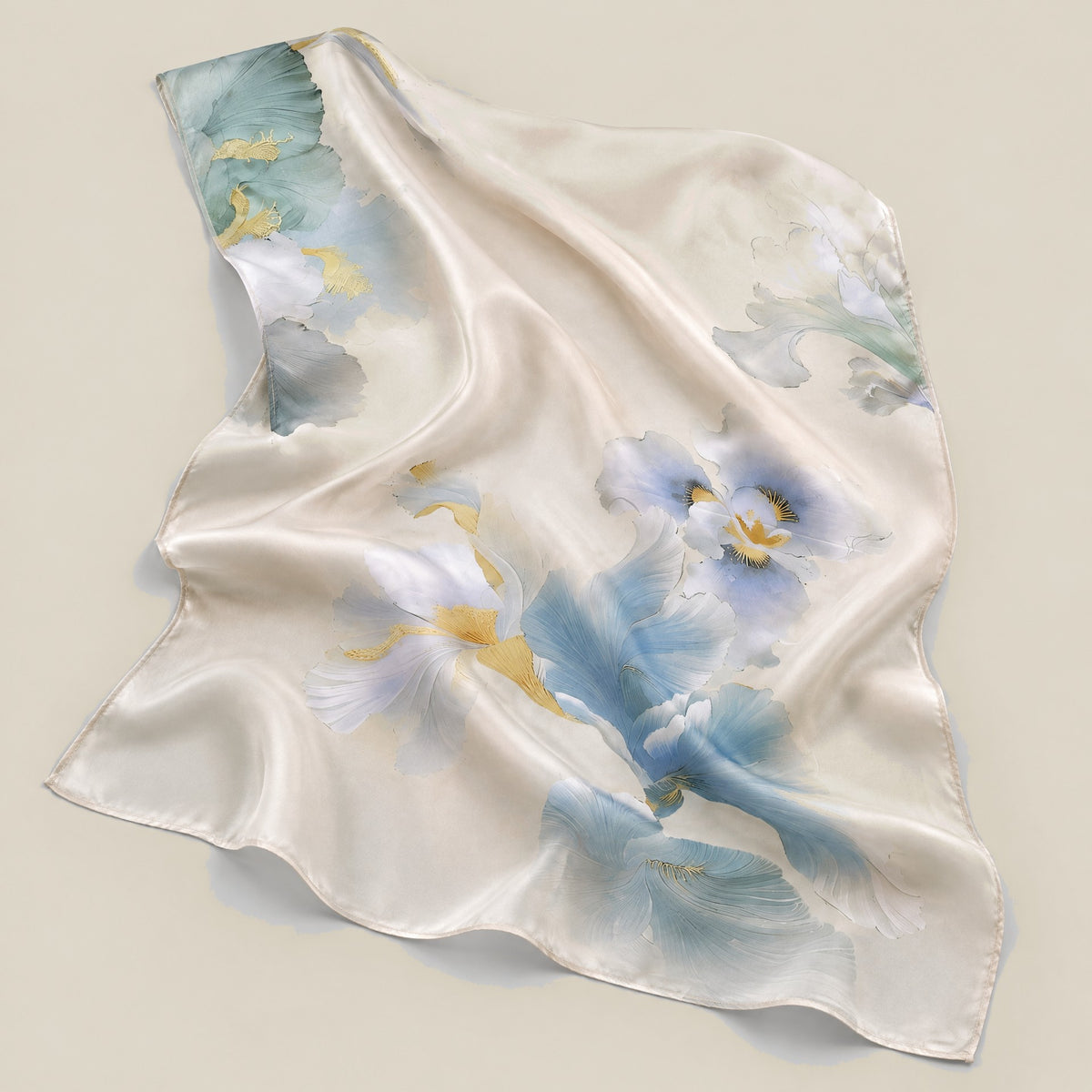 Beige iris mulberry silk scarf detail showing silk texture and print
