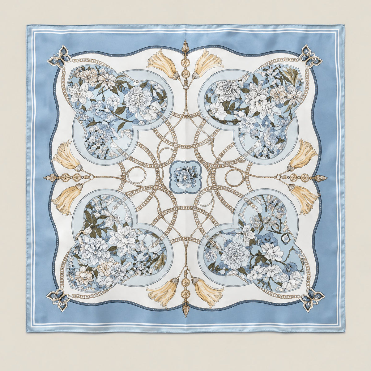 Pale blue flowers mulberry silk square scarf